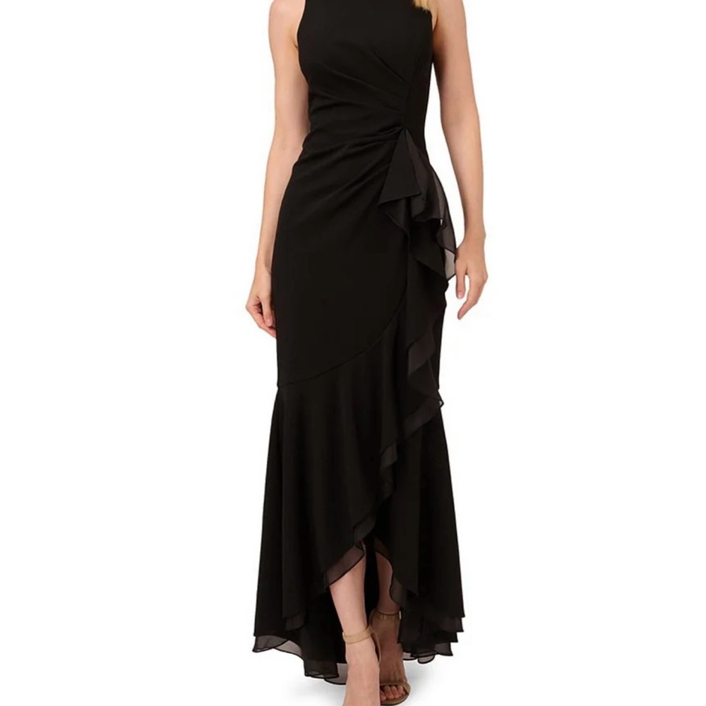 Adrianna Papell Elegant Black Ruffle Gown